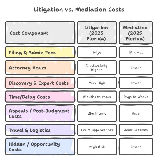 Side-by-Side Comparative Table: Litigation vs. Mediation Costs